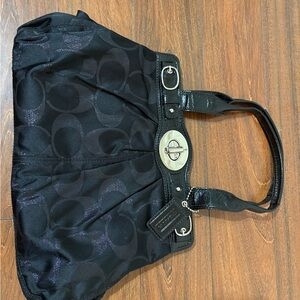 Coach Black Shoulder Bag with Signature Pattern and Silver Hardware